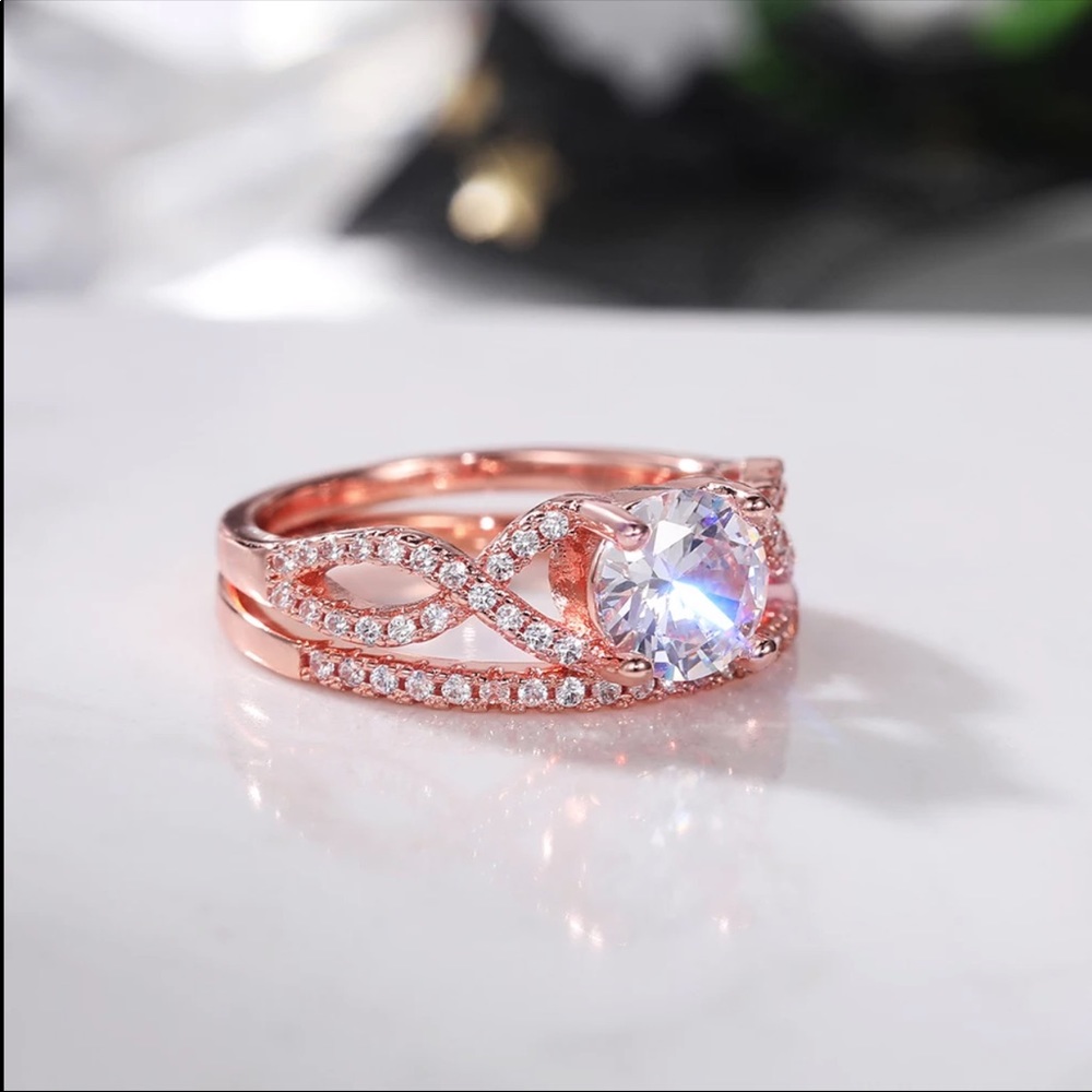 New Lovely 2 Pc Set Rose Gold Plated Diamond Ring - Picture 4 of 6